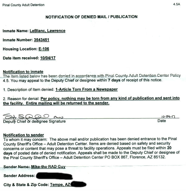 Pinal County Sheriff returns Larry Leblanc letter - Pinal County Sheriff returns Lawrence Leblanc letter