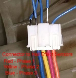 Connector to the Hall effect sensors on washing machine motor.<p>Red wire is phase 1, yellow wire is phase 2 and blue wire is phase 3.<p>The orange wire is the positive or V<sub>CC</sub> and the grayish wires is negative or ground