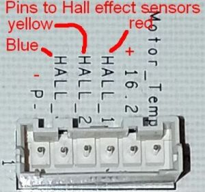 This is the connector on the washing machine motherboard that talks to the Hall effect sensors.<p>P is the ground wire.<p>16.2 is the postive voltage or V<sub>CC</sub>.<p>The phase 1 Hall effect sensor is the red wire. The phase 2 Hall effect sensor is the yellow wire. The phase 3 Hall effect sensor is the blue wire.<p>Motor Temp is not connected.