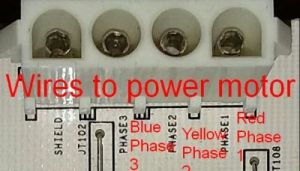 This is the connector on the washing machine motherboard that sends current to the motor.<p>The red wire sends current to phase 1. The yellow wire sends current to phase 2. The blue wire sends current to phase 2.<p>The uninsulated wire is the ground wire.  