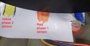 This is a piece of paper which has been colored red where the phase 1 Hall sensor is, yellow where the phase 2 Hall sensor is and blue where the phase 3 Hall effect sensor is. Those are the same colors of the wires that are connected to the Hall effect sensors.
